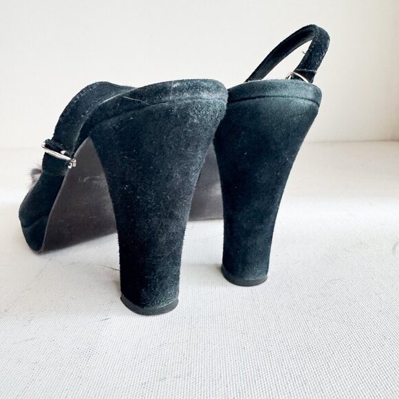 Suede Leather Fur Rosette Detail Peep toe Sling Back Heels 6.5 - Picture 7 of 11